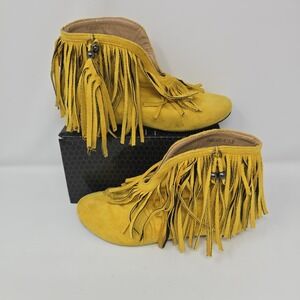 Yellow Leather Fringe Ankle Boots Sz 7.5 Suede Western Booties